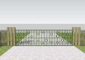 Conceptual design rendering of black steel entrance gate with circular decorative elements and timber posts on gravel driveway