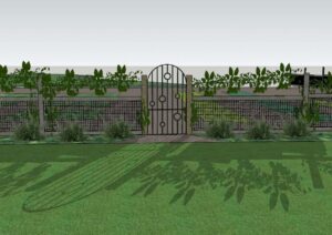 Arched steel garden gate with decorative circles and climbing vines in residential fence design