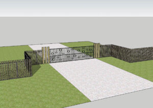 3D render showing wooden fence entrance gate with paved driveway and lawn areas in residential setting